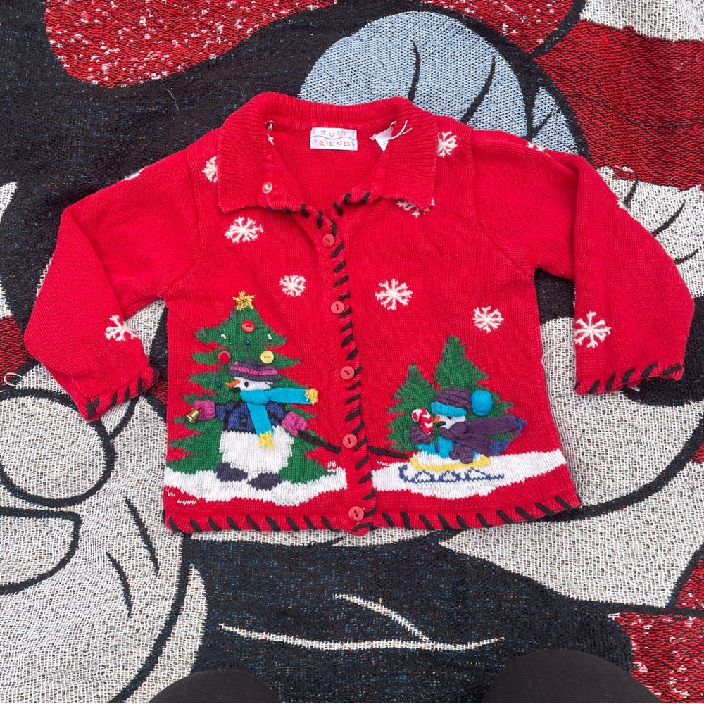 VTG JUST FRIENDS RED EMBROIDERED 3D SNOWMAN CHRISTMAS CARDIGAN SWEATER SIZE 3T